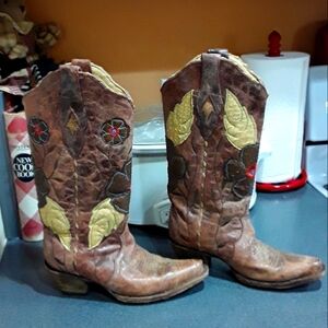 CORRAL FLORAL LEATHER COWBOY BOOTS, 6M, VGUC